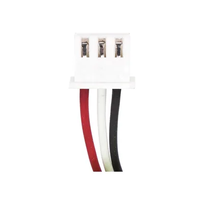 A close-up view of a white connector with three wires attached: red, white, and black.