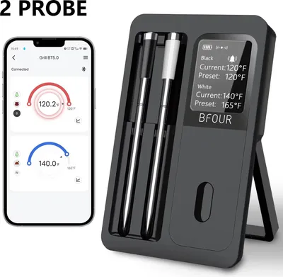 Produktbild von AIORBER Kabelloses Bluetooth Fleischthermometer mit 2 Sonden App Steuerung LCD Display IP67 wasserdicht Schwarz