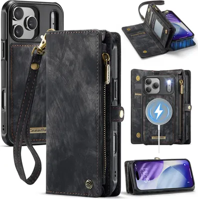 Image de Housse de protection pour iPhone 17 Pro Max, étui en cuir vintage multifonctions, emplacements pour cartes, étui zippé Noir