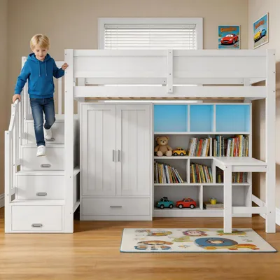 Image de Lit superposé pour enfant, dimensions 90x200, avec bureau, armoire, escalier de rangement, couleur blanche