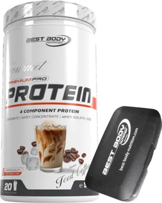 Produktbild von Best Body Nutrition - Gourmet Protein - Iced Coffee - 500 g Dose + Pillenbox