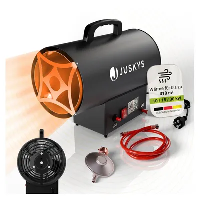 A black Juskys gas heater with accessories, including a regulator and hose, is displayed on a light gray and white background. An informational label is attached to the heater.