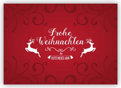 Produktbild von 4x Klassische rote Weihnachtskarte mit Ornamenten und springenden Hirschen: Frohe Weihnachten & gutes neues Jahr
