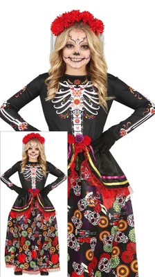 Produktbild von Catrina Kostüm für Mädchen langes Kleid mit Totenkopf Muster und Haarreif Tag der Toten Halloween, Größe: 140/146 Farbe: Schwarz