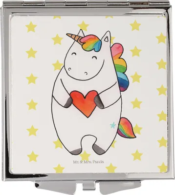 Produktbild von Mr. & Mrs. Panda Handtaschenspiegel quadratisch Einhorn Herz - Weiß - Geschenk, Unicorn, Schminkspiegel, Kosmetikspiegel, Kleiner Spiegel, Frauen, Einhörner, Lustig