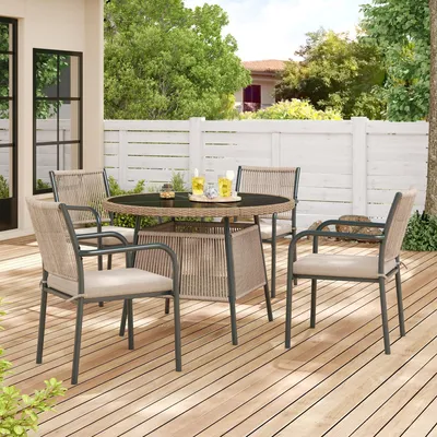 Immagine prodotto di Set da giardino in rattan Flieks, 5 pezzi, per 4 persone, 4 sedie da pranzo con tavolo rotondo in vetro, set da giardino con struttura in ferro, grigio