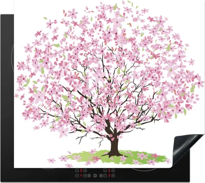 Produktbild von KitchenYeah© Herdabdeckplatte Blühender Baum - Illustration - Weiß , 59x51cm, Küche Deko, Glaskeramikkochfeld Herdabdeckung, Abdeckplatte fùr Kochfeld
