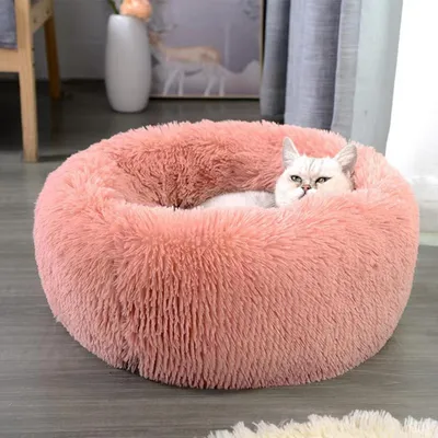 Image de Lit pour chien en forme de donut, en peluche, lavable, de couleur rose, diamètre 50 cm