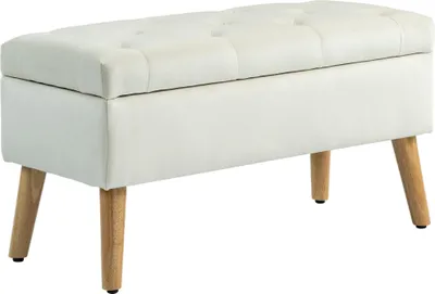 Image de HOMCOM Banc de rangement, coffre de rangement, avec couvercle, tissu effet velours, pieds en bois, charge jusqu'à 120 kg, pour salon, chambre, entrée, 80 x 35 x 40 cm, crème