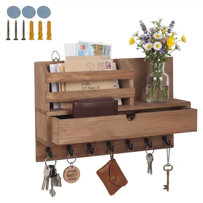 Produktbild von Relaxdays Schlüsselbrett, Schublade & Ablage, Schlüsselorganizer Wand, 7 Haken für Flur, HBT: 22x34x10 cm, Holz, braun