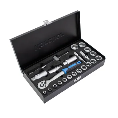 A tool kit in a black metal case, with the lid open.
