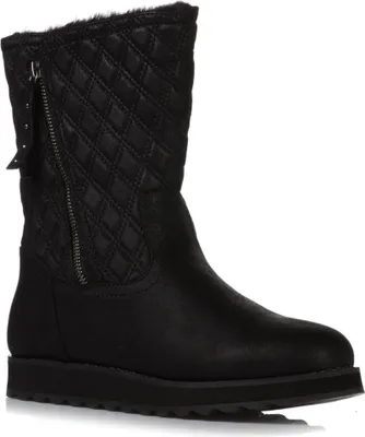 A black quilted boot with a zipper on a white background.