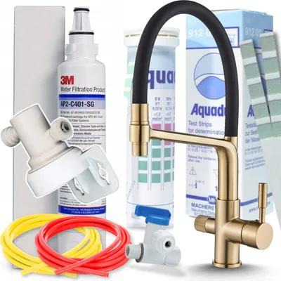 Immagine prodotto di Rubinetto da cucina a 3 vie Ari Flexible con doccetta estraibile e canna girevole 360 gradi, collegamento per filtro acqua, oro spazzolato