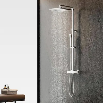Produktbild von Duschsystem mit Thermostat, Regendusche mit Armatur, Duscharmatur mit thermostat, Duschkopf mit Schlauch und Edelstahl Höheverstellbarer Duschstange, Duschsäule Duschset, Eckig, Chrom