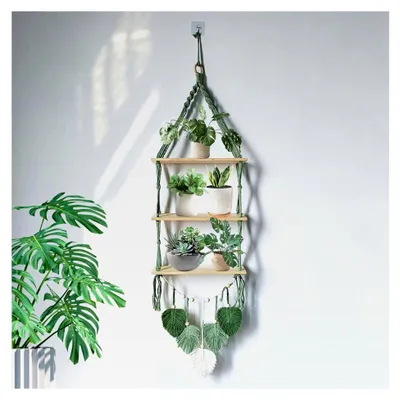 Produktbild von Makramee Wandregal aus Holz, 3-stufiges Hängeregal für Kinderzimmer, Wohnzimmer, Balkon und Schlafzimmer