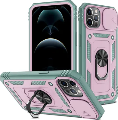 Image de Étui pour iPhone 12 Pro Max protection coulissante de l'appareil photo, résistant aux chocs, avec porte-anneau, support et porte-cartes Rose