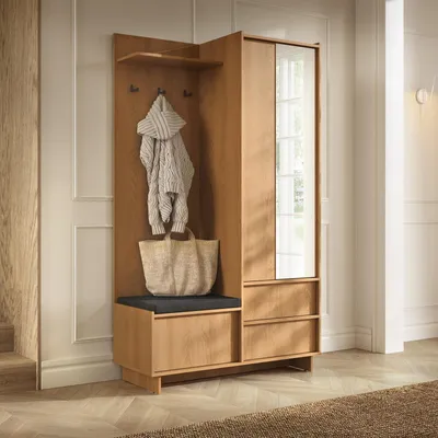 Produktbild von Garderobe SUNA 125 cm Flurmöbel Set Spiegel Sitzkissen Eiche Karamell Push-to-Open