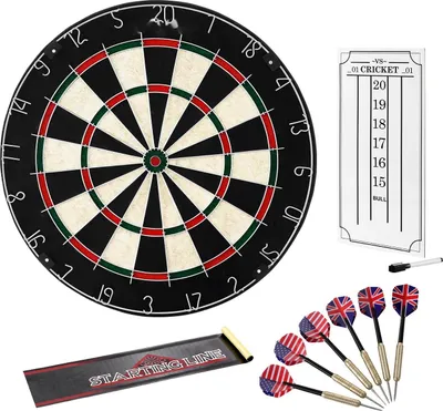 Produktbild von Dartscheibe - Sisal - Selbstheilend - Klammerfreies Bullseye - Drehbarer Zahlenring - Mit 6 Dartpfeilen - Inklusive Punktezähler