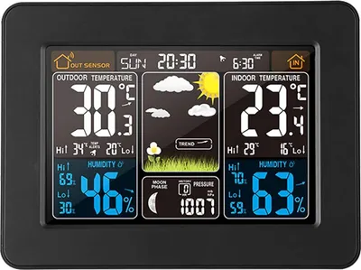 Produktbild von Kabellose Wetterstation mit Innen- und Außensensoren, Innen- und Außenthermometer mit Uhrzeit, Smarte Wetterstation mit Uhr, Datum, Temperatur, Luftfeuchtigkeit, digitales Farbdisplay