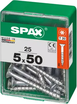 Produktbild von 25er-Pack SPAX-Stahlschrauben mit flachem Senkkopf, Durchmesser 5 mm x Länge 50 mm