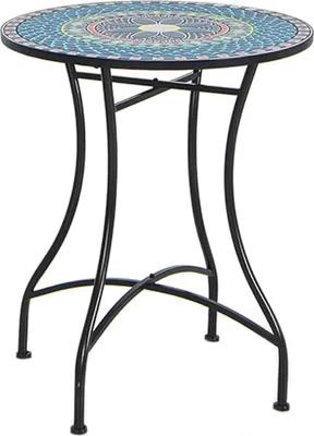 A round mosaic-topped table with black metal legs, isolated on a white background.