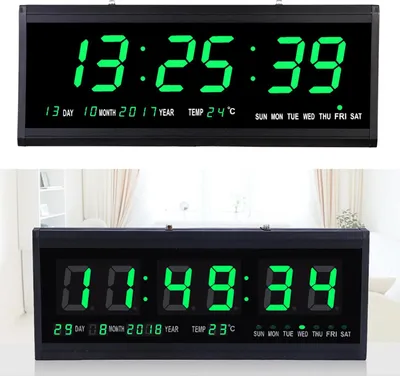 Two digital LED clocks are displayed against a light background, one above the other.
