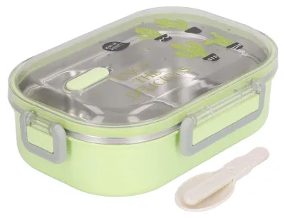 Productafbeelding van Lunchbox-interieur van roestvrij staal 304, met isolatie, in een vrolijke, illustratieve stijl, een lekvrije container voor studenten en kinderen, transparant, groen, met een cactusmotief