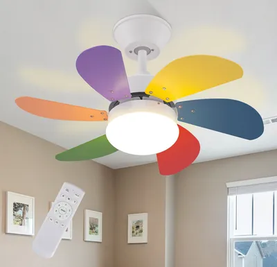 A multi-colored ceiling fan with a light in a room.