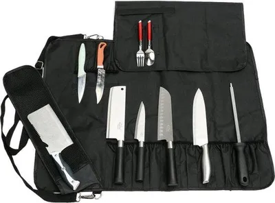 Produktbild von Unyqoos® QEES Kochmesserrolle, 17 Fächer, schwarz, multifunktionale Messertasche mit Schultergurt, wasserdichtes Oxford-Gewebe, schlank und waschbar