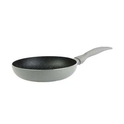 A gray frying pan with a black interior is shown against a white background.