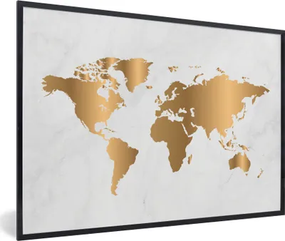 Produktbild von MuchoWow® Gerahmtes Poster Weltkarte - Gold - Marmoroptik - Luxus - Design 90x60 cm - Poster mit Schwarzem Bilderrahmen Wandposter Rahmen Foto Bilder - Fotorahmen - Foto-Plakat