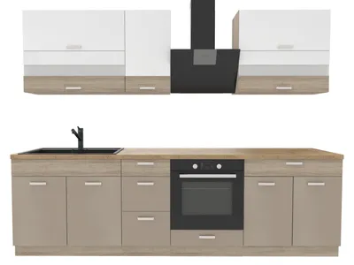 Productafbeelding van Keukenwand 270 cm - Sonoma beige, wit - Met werkblad Lancelot eikenhout - Metalen lades - Soft-close sluiting - MDF - Deuren met glasinzet - PREMIO