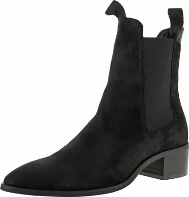 A black suede Chelsea boot with a block heel is shown against a white background.