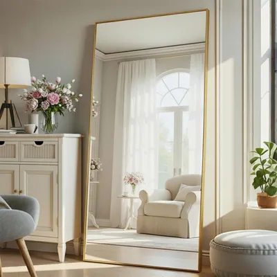 Immagine prodotto di Specchio a figura intera, 180 x 80 cm, grande specchio a corpo intero, specchio da parete con cornice metallica dorata, ideale per appoggiarsi o da appendere al muro, da posizionare a terra