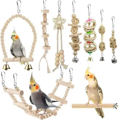 Image de Set de jouets pour oiseaux pour perruches, perroquets, nymphes avec échelle à grimper, balançoire, jouet à mâcher