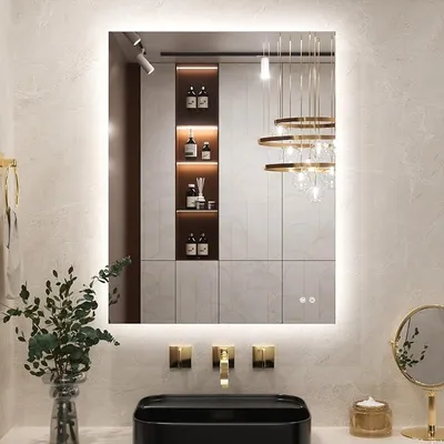 Imagen del producto de Espejo de baño con iluminación, rectangular, de 70x90 cm. Espejo para baño con función antiniebla, interruptor táctil, función de memoria, 3 colores de luz, LED regulable, sin marco. Espejo de pared para baño