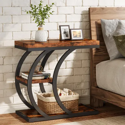 Produktbild von 60 cm 3-stöckiger Beistelltisch, C-Form Industriedesign Seitentisch, Couchtisch mit Stauraum, Nachttisch in Naturholz