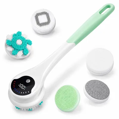 Produktbild von Körperbürste elektrisch, wasserdichte Duschbürste mit 5 Aufsätzen, 3 Geschwindigkeiten und Massagefunktion, wiederaufladbar für Peeling, Reinigung und Spa Pflege