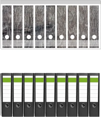 Produktbild von Wallario 9 Stück breite Ordner inkl. Klebeetiketten mit Motive Holzmuster in grau, braun und schwarz -  Set mit Rückenschildern / Ordnerrücken Stickern