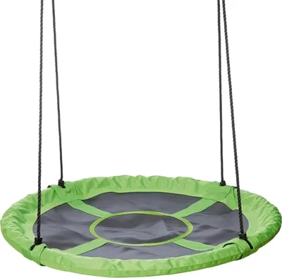 A green and gray round swing suspended by black ropes against a white background.