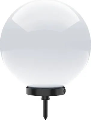 A white globe-shaped garden light with a black stake base, isolated on a white background.