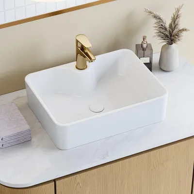 Produktbild von HOROW 48x37cm Aufsatzwaschbecken Weiß Waschtisch Keramik Handwaschbecken mit Hahnloch Rechteckig