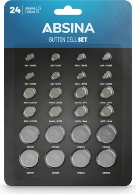 Produktbild von ABSINA 24er Pack Alkaline & Lithium Knopfzellen - AG1 AG3 AG4 AG10 AG13 CR2016 CR2025 CR2032 - Knopfzelle Sortiment 1,5V & 3V