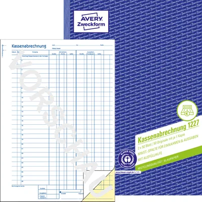 Produktbild von Avery Zweckform 1227, Recycling Kassenabrechnung, MwSt.-Spalte für Einnahmen und Ausgaben, A4, Recycling, mit Blaupapier, 2x50 Blatt