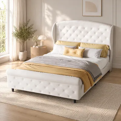 Image de INONEFT Lit double rembourré, 140x200 cm, lit pour adolescents avec sommier à lattes et tête de lit, en velours, couleur crème