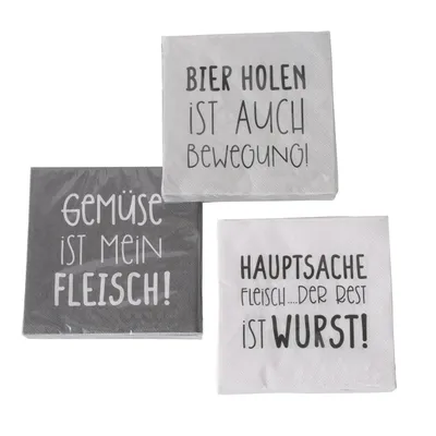 Produktbild von 3 x 20 Servietten Grillen BBQ - Sprüche Weiß, Grau, Schwarz 3-lagig 33 x 33 cm