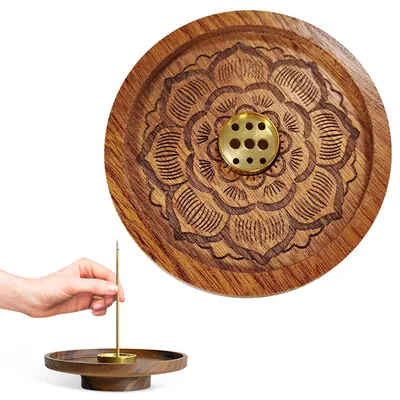 Immagine prodotto di TRANKIELO® - Porta incensi in legno con design a fiore di loto – Bruciatore per incensi 2-in-1 per meditazione e yoga