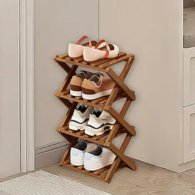 Immagine prodotto di Scaffale pieghevole per scarpe, legno, 4 ripiani, marrone, salvaspazio