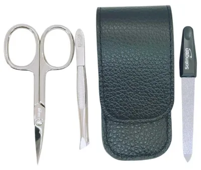 Produktbild von Solingen Maniküre Set 3-teilig – Nagelschere, Pinzette & Saphirfeile – Dollaro Echtleder Etui Germany Schwarz