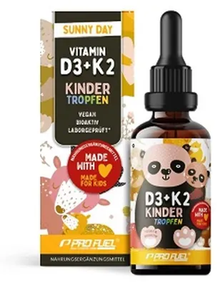 Immagine prodotto di ProFuel Vitamina D3 + K2 Gocce per bambini | 30 ml | 650 UI di vitamina D3 | K2 MK7 bioattivo | Scorta per 333 giorni | vegano